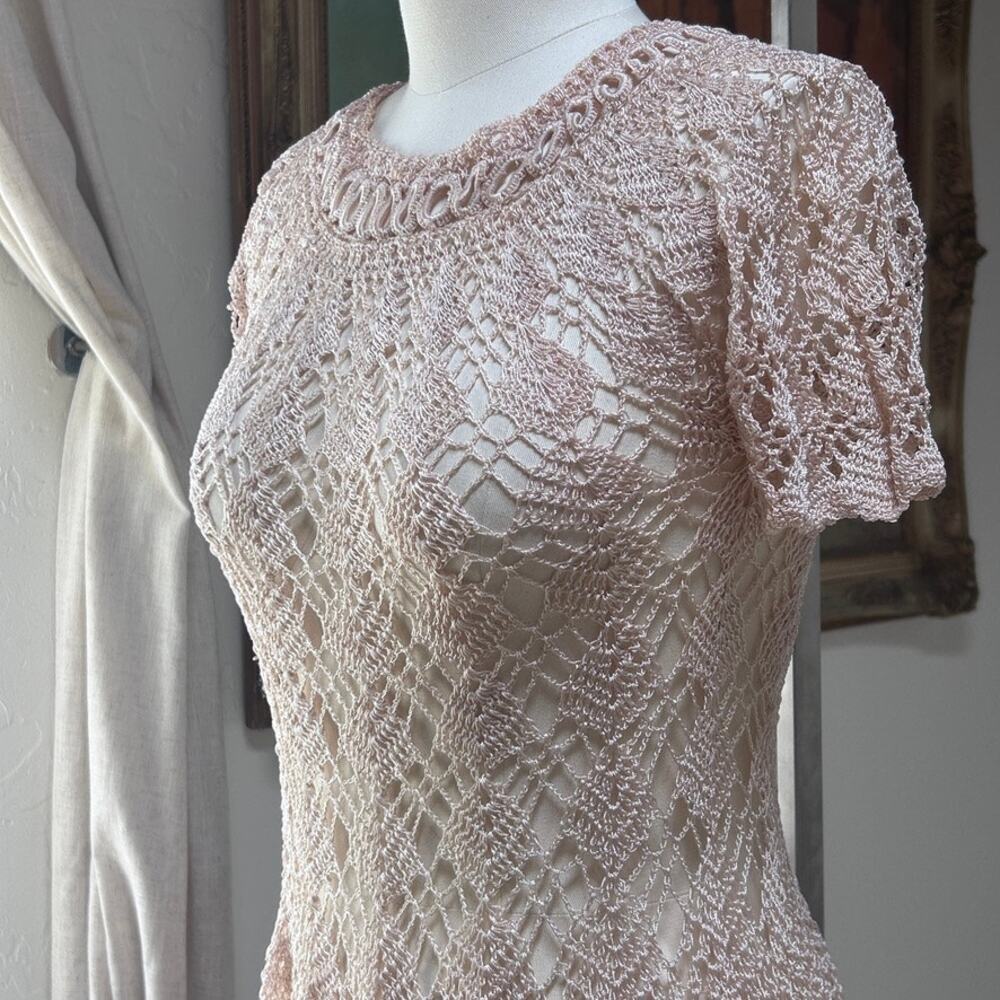 Vtg Sheer Crochet Lace Romantic Fairy Festival Layer Jagged Hem Dress Cream S - Picture 5 of 15
